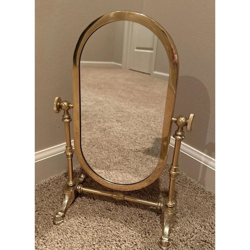 Vintage Brass Vanity Mirror Swivel Tilt Tabletop Oval Hollywood Regency READ